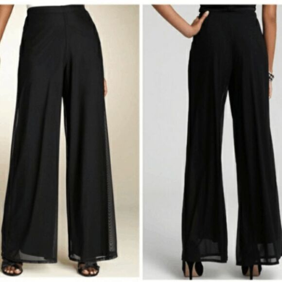 Tadashi Shoji Flowy Black Pallazo Dressy wide legged pull on  Pants L - Picture 1 of 5